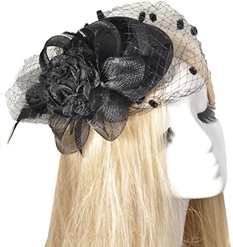 Qunvian Feather Flower Veil headwear Fascinator Hair Clip Mini Pillbox Accessory Wedding (Black)
