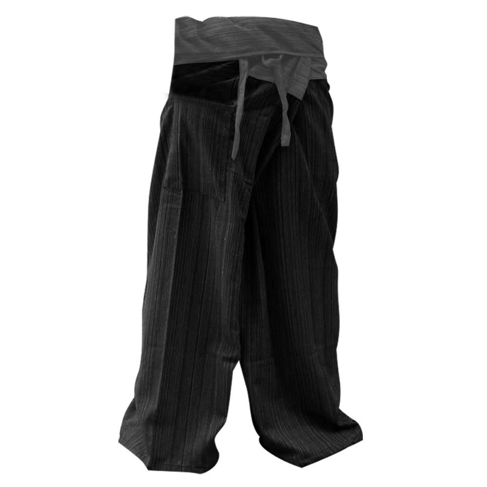 LannaPremium 2 Tone Thai Fisherman Pants Yoga Trousers Free Size Cotton Gray Black