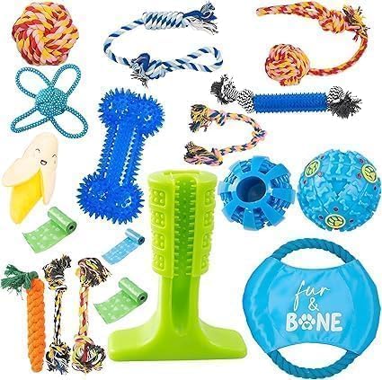 Fur & Bone 18 Pack Dog Chew Toys Rope Teething Squeaky Small Medium Dogs