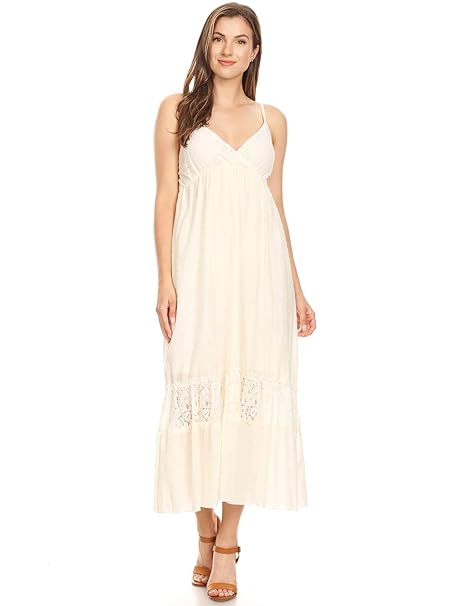 Anna-Kaci Frauen Einstellbare Träger Boho Spitze Weiß V-Ausschnitt Ärmellos Lange Maxi Kleid