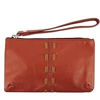 SILVERFEVER Cowhide Leather Wristlet Purse Wallet Whipstitched Detail (Red)