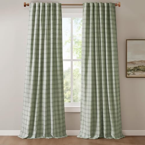 Madison Park Anaheim Cabin Plaid Curtain Window, Thermal Insulated Fleece Lining, Living Room Decor Light Blocking Drape for Bedroom, 1-Single Panel Pack, 50 x 95 Faux Leather Tab, Green