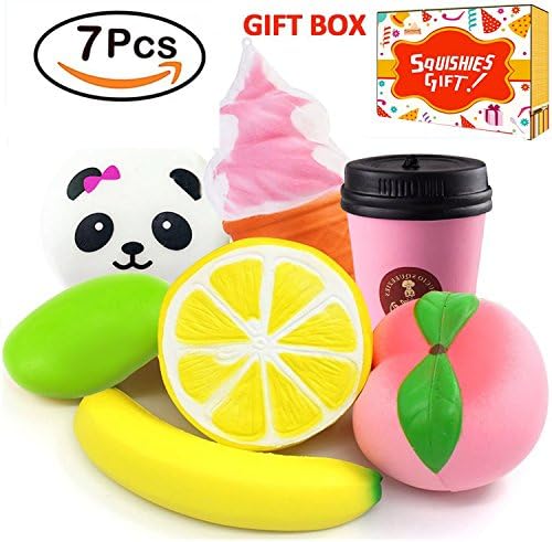 Qiekenao Fruit Squishies 7 Pack Slow Rising Jumbo Panda Mochi Mango Ice Cream Peach Banana Lemon and Coffee Stress Reliever for Sport Outdoor Play Toys Scented Charms Party Favor Kids Adults Gift