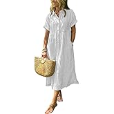 colarat Women's Striped Button Down Shirt Dress Boho Short Sleeve Loose Side Slit Midi Long Cotton Dress