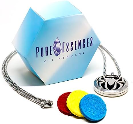 Pure Essences 30mm Stainless Steel Aromatherapy Essential Oil Diffuser Necklace, Pendant, &amp; 4 Cotton Refills Gift Set (Spider)