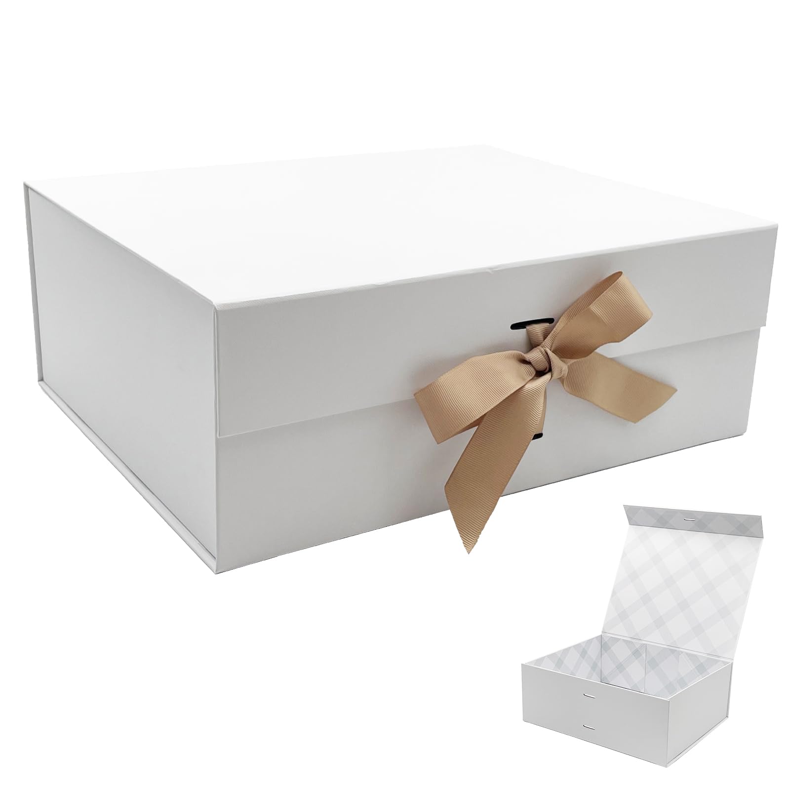 Tekhoho White Large Gift Box 33.5x27x12.5 cm, Premium Present Box with Magnetic Lid and Ribbon for Holidays Wedding Birthday Gift Packaging, Plaid Lining