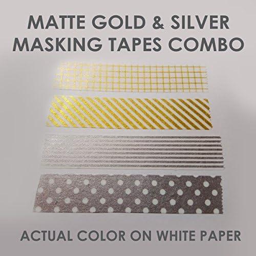 Value Pack- Fancy Scrapbook Washi Masking Tape- Combo (Matte Gold &amp; Silver- Dots, Grids and Stripes- 1.5cm X 3 meter- 4 Rolls)