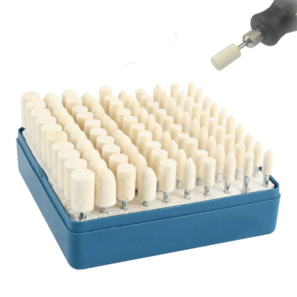 100PCS Wool Felt Polishing Buffing Wheels Mandrel Mounted Polishing Head Grinding Bits 1/8 Inch Shank Hand for Dremel Rotary Tool Plastic Glass Metal Jewelry