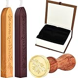 Hestya Bee Wax Seal Stamp Kit, Removable Wooden Handle Vintage Retro Brass Head Sealing Stamp and 2 Pieces Sealing Wax Sticks with Wick (Rosy Red and Gold) Gift Box Set