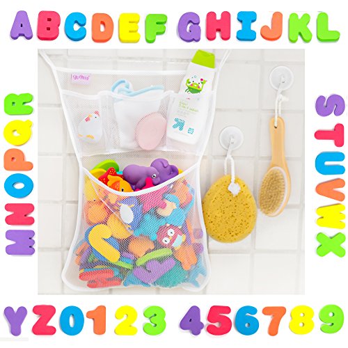 Tub Cubby Baby Bath Toy Organizer + 36 Foam Letters & Numbers + Quick Dry Bathtub Toy Storage Net + 4x Lock Tight Suction Hooks & 3M Stickers - Sure Not To Fall.