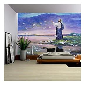 Image of Jesus Feeding The Birds at The Seaside, Original Oil Painting on Canvas - Removable Wall Mural | Self-Adhesive Large Wallpaper - 66x96 inches