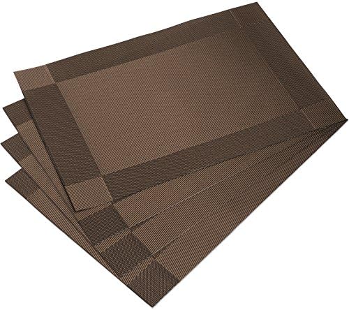 DinaChef Place Mats for Dining Table or Kitchen, Quality Thermal Bonded Edges, Reversible Placemats, Vinyl Placemat Set of 4, Rectangle Square Corner Design Mats in Brown
