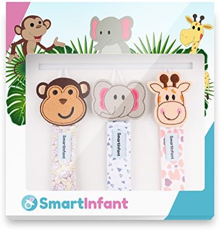 SmartInfant Monkey, Giraffe, and Elephant Design Pacifier Clip, 3-Pack