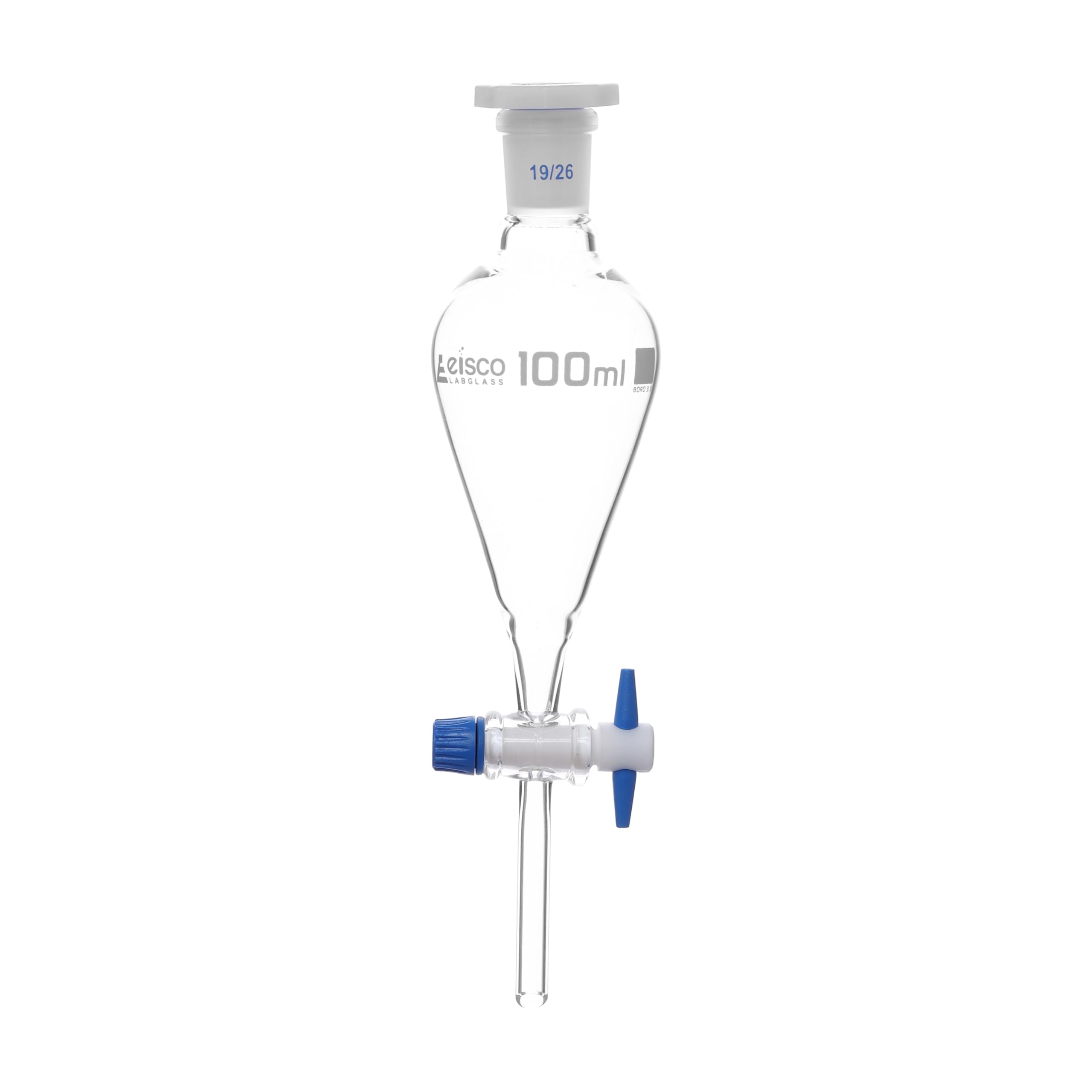 Separating Funnel, Squibb - 100ml, PTFE Stopcock, Interchangeable Plastic Stopper - Socket Size 19/26 - Borosilicate Glass - Eisco Labs
