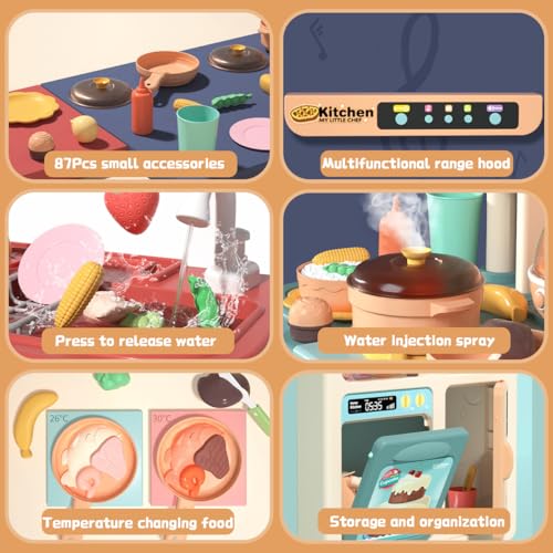 87PCS Kids Kitchen Playset with Light & Sound Simulation of Spray Sink | Mini Toddler Cooking Pretend Play Toy With Kitchen Appliances, Fruit, Vegetable, Ideal Gift For Children Girls Boys