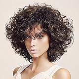 ELIM Wigs for Black Women Short Curly Wigs with Bangs Black and Brown African American Kinky Curls Wig Z131