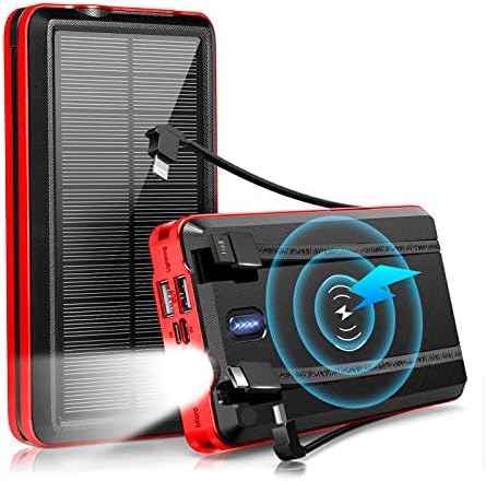 Solar Charger Power Bank 30000mAh, Wireless Solar Phone Charger, Portable w/Flashlight, 5 Output Ports, 3 Input Ports, Built-in Type C, Andriod, iOS Cables, Compatible with Smartphone, Tablet