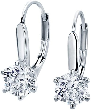 Sterling Silver Rhodium Plated, 6mm Round CZ 6 Prong Set Basket Solitaire Drop Earring