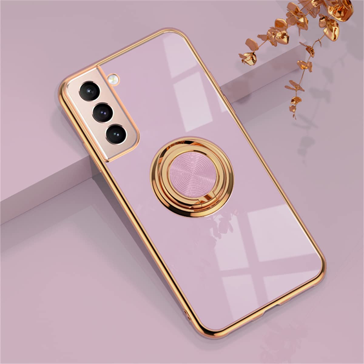 EYZUTAK Electroplated Magnetic Ring Holder Case, 360 Degree with Rotation Metal Finger Ring Holder Magnet Car Holder Soft Silicone Shockproof Cover for Samsung Galaxy S21 Plus - Purple