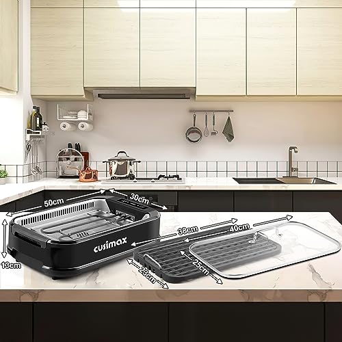 CUSIMAX Electric Grill, Indoor Smokeless Grill with LED Smart Display, Glass Lid, 1500W Family Grill with Non-Stick Plate, Variable Temperature Control, Health grill with Drip Tray, Dishwasher Safe