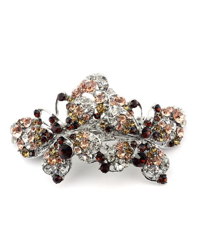 Women's Rhinestone Dual Butterfly Barrette Clip Hair Pin Antique Silver IMB2127, Brown