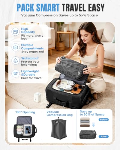 BJLFS Vacuum Backpack with Pump Hand Luggage 40x30x20 Ryanair Wizzair Vueling Backpack Travel Cabin Airplane 40x30x20 Waterproof Travel Bag