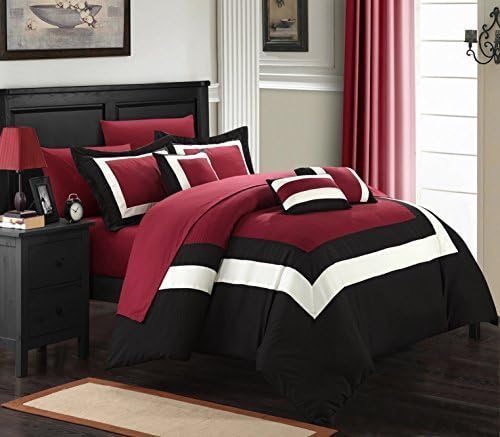 Chic Home 10-Piece Duke-Pieced Color Block Bed in a Bag Comforter Set, Red, King by Chic Home