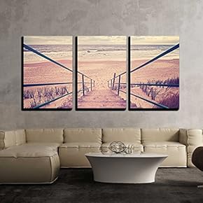 3 Piece Canvas Wall Art - Vintage Toned Wooden Stairs on a Beach. - Modern Home Art Stretched and Framed Ready to Hang - 16"x24"x3 Panels