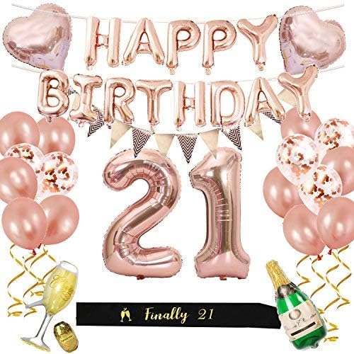 21st Birthday Decorations Kit, Rose Gold Happy Birthday Balloon Banner and Big Number 21 Balloon, Black Birthday Sash, 21 Year Old Party Supplies for Her (Rose Gold)