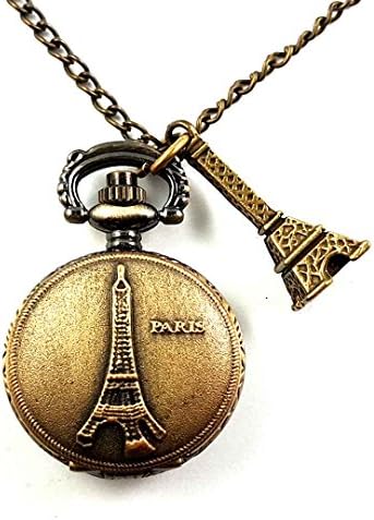 Brass Watch Necklace Vintage Paris With Effiel Tower Pocket Watch Pendant steampunk Jewelry Gift women mens chain