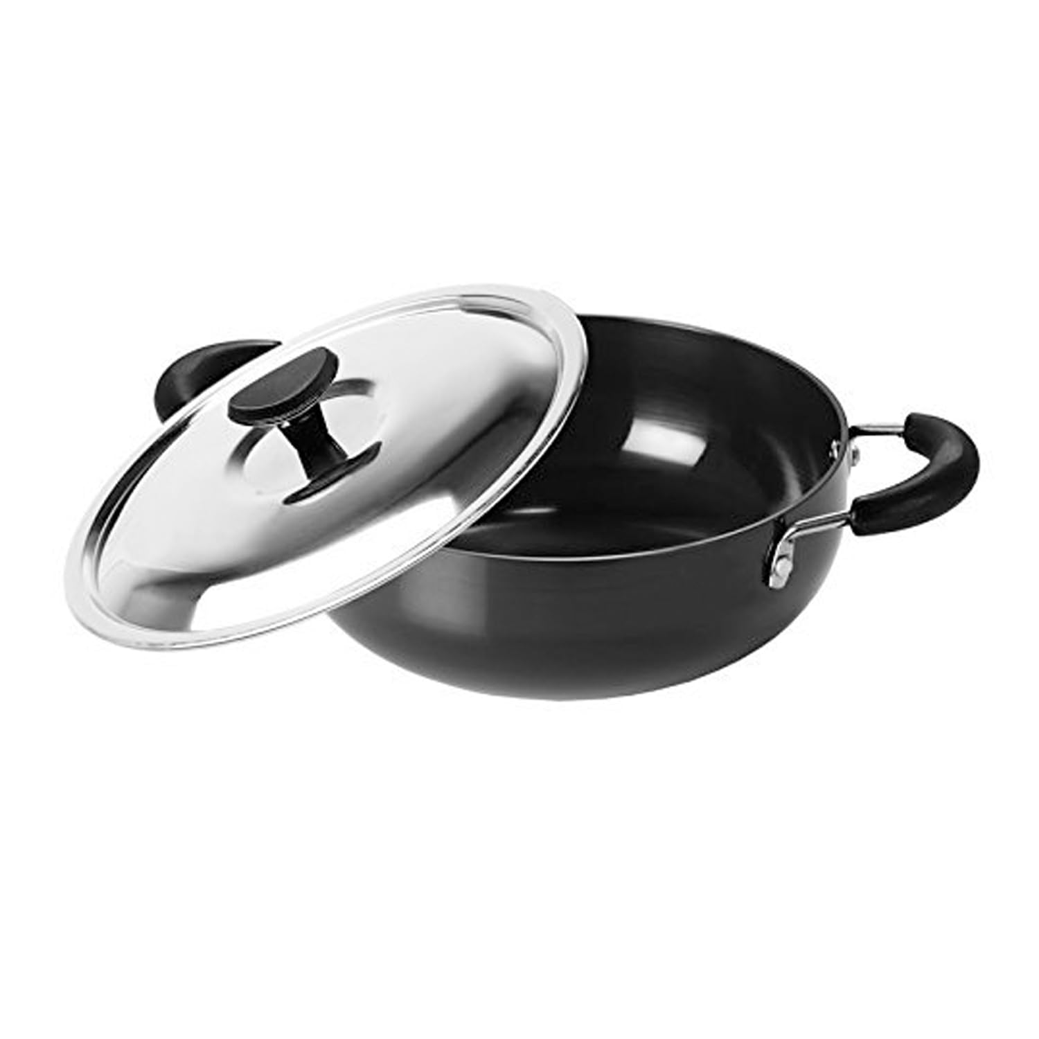 Aluminium Kadhai Hard Anodised with Stainless Steel Lid All Purpose Pan Round Bottom Deep Fry Pan/Kadai Stir Fry Pan Multipurpose Pan