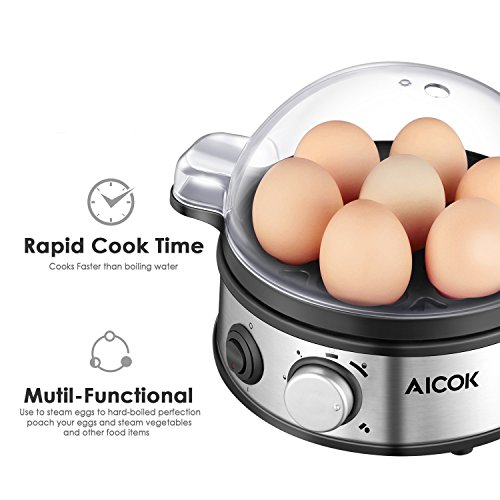 Aicok Egg Cooker, Egg Boiler, Hard Boiled Egg Cooker, Poached Egg Cooker, Rapid Egg Cooker, Scrambled Eggs, or Omelets with Auto Shut Off with 7 Egg Capacity, Stainless Steel Egg Steamer, Timer Knob