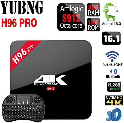 H96 PRO Android 6.0 3GB/16GB TV Box, Yubng Amlogic S912 Octa Core 4K 16.1 Fully Loaded Double WiFi 2.4G/5G Bluetooth 4.0 Streaming Media Player (H96 PRO 3GB/16GB + I8 Wireless Keyboard Black)