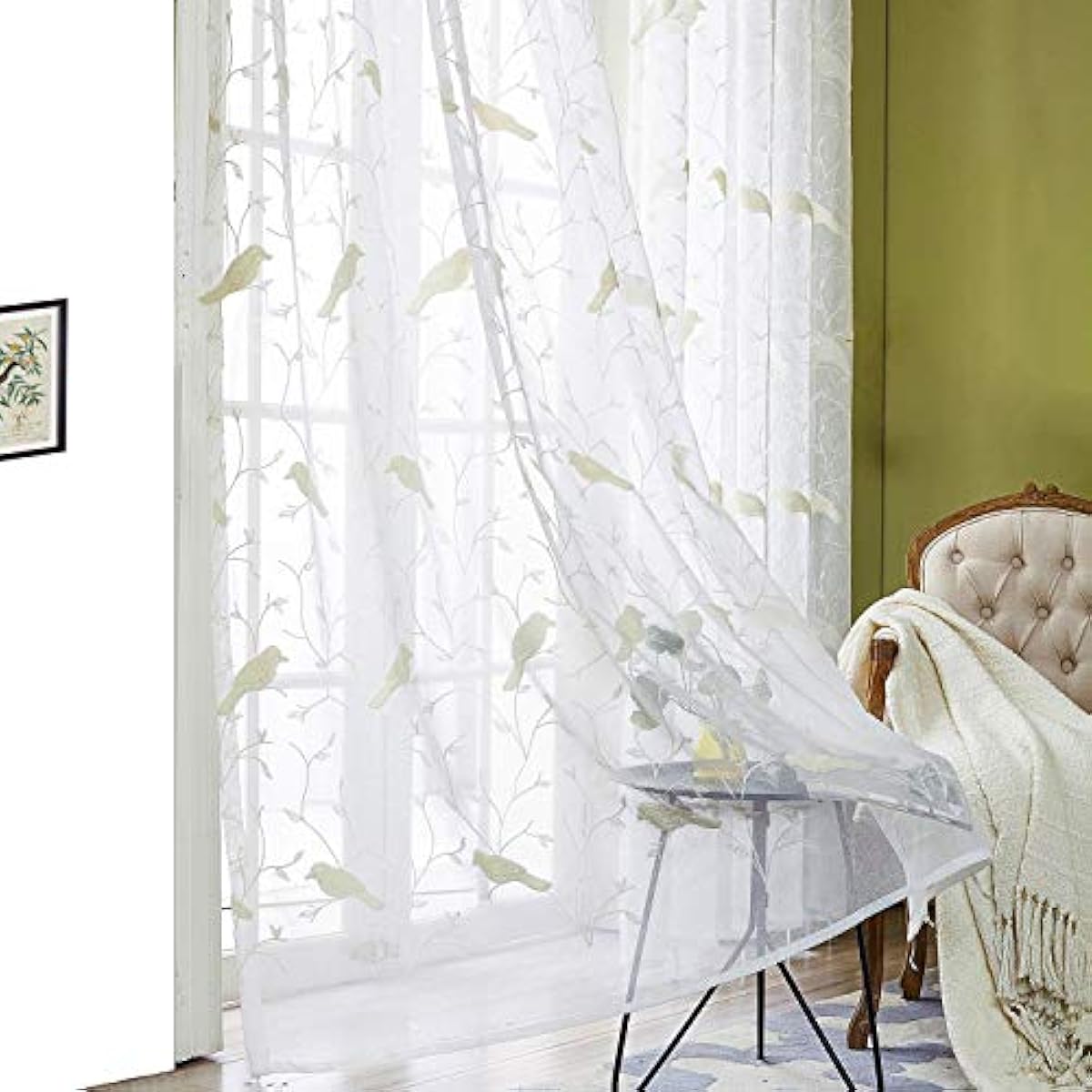 Faux Linen Embroidered Bird Design Sheer Curtains Elegant White Rod