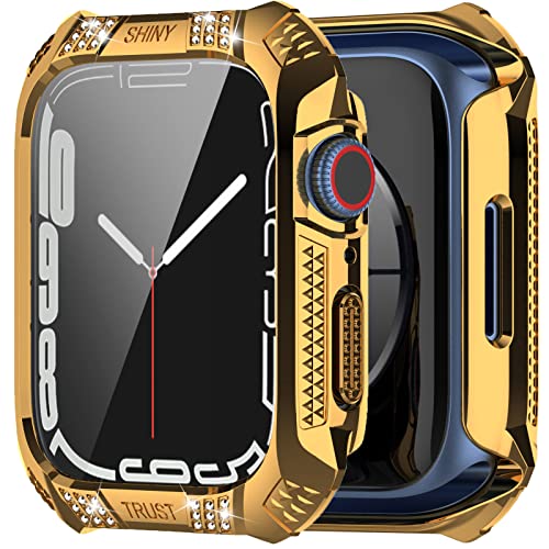 NINKI Compatible Gold for iWatch 8/7 Case 45mm,Shockproof Women Bling Rhinestone Protective Cover for Apple Watch 8 7 45mm Case with Screen Protector