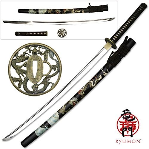 Ryumon Raijin Full Tang Hand Forged High Carbon Steel Battle Ready Katana Sword 41" w/ Hand Carved Painted Dragon Scabbard (Limited Edition)