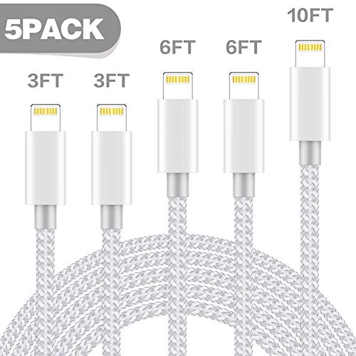 TNSO MFi Certified iPhone Charger Lightning Cable 5Pack(3FT 3FT 6FT 6FT 10FT) Extra Long Nylon Braided USB Fast Charging&Syncing Cord Compatible iPhone Xs MAX XR X 8 Plus 7 Plu 6s Plus Black and White