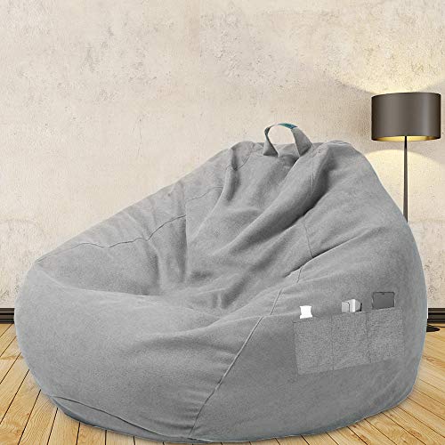 ODOMY Stuffed Animal Storage Bean Bag Chair Cover (Without Filler) for Kids and Adults, S M XL Stuffable Zipper Beanbag Covers for Organizing Children Plush Toys or Memory Foam with Three Side Pockets