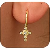 18K Gold/Silver Hoop Earrings for Women Plated Over Solid 925 Sterling Silver, Small Hoops Dangle Cross Clover Earrings Hypoallergenic Cute Jewelry Gifts