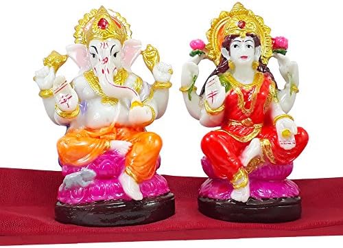 LOF Indian Hindu Diwali Festival Laxmi Ganesh Idol combo with Meenakari Decorative Pooja Thali and Pooja Samagri for Diwali Pooja