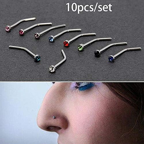 genbz 10pcs/Set Stainless Steel L Shape Nose Stud 20G Multi Crystal Piercing Nose pin Nariz pirsing Body Jewelry(Multicolor,one Size)