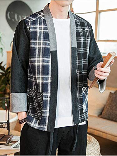 Hotmiss Men's Hipster Plaid Patchwork Linen Cloak Open Front Cardigan Kimono Jackets (Black Plaid, Medium) - Thumbnail 6