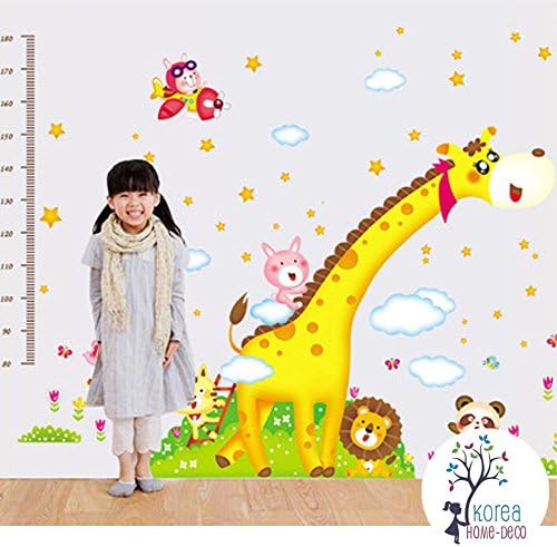 Korea Home Deco Huge 5.3' Ft (h) x 7.5' Ft (w) Giraffe Growth Chart Wall Decals for Kids Rooms, Nursery, Baby, Boys &amp; Girls Bedroom - Peel &amp; Stick, Large Removable Vinyl Wall Stickers - Sticker of Panda, Lion, Rabbit, Giraffe, Cute Animals, and Colorful Flowers