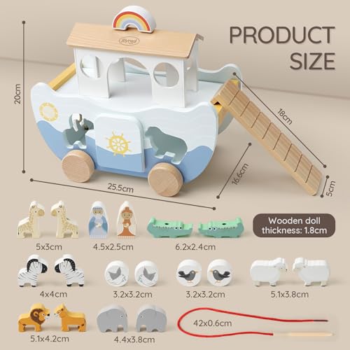 Joyreal Noah's Ark Wooden – Christening Gifts for Girls Boys Children, Gift Christening, Montessori Toy from 1 2 3 Years, Wooden Toy with Farm Toy Sorting Stack