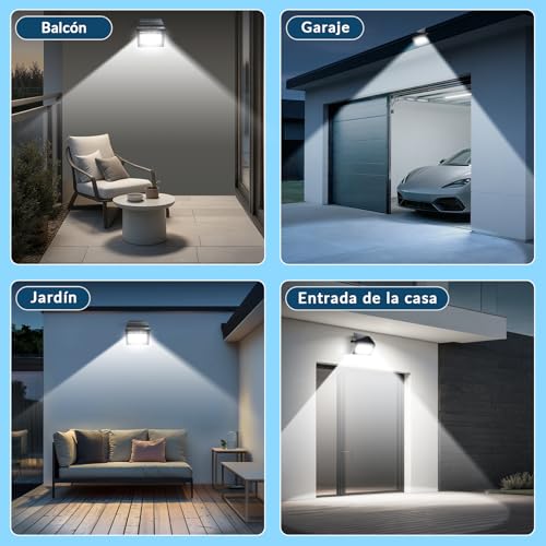 FASENZA Lámpara Solar Exterior: 2000 Lúmenes, 6500K, Batería 4400mAh, Carga 6h Iluminación 12h, 4 Modos de Luz, IP65 Impermeable para Jardín, Patio, Garaje, Granero, 2 Años de Garantía, 2 Paquetes