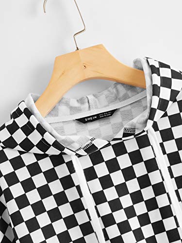 WDIRARA Women\'s Checkered Long Sleeve Drawstring Crop Hooded Sweatshirt Black and White S