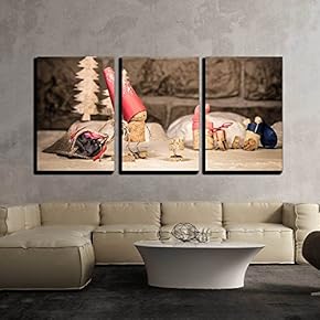 3 Piece Canvas Wall Art - Concept Santa Claus with Presents of Wine Cork Figures - Modern Home Art Stretched and Framed Ready to Hang - 16"x24"x3 Panels