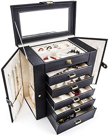 HEZALA Large Jewelry Organizer, Protoplasm PU Leather Jewelry Box, Lockable Mirrored Storage Case, Black