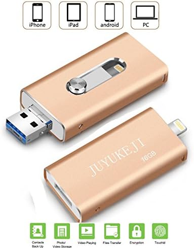 USB Flash Drive for iPhone iPad - Pen Drive with USB Micro USB and Lightning(3 in 1)Connector, JUYUKEJI Jump Drive U Disk External Memory Stick for Apple IOS Andriod and Computer (32GB, Gold)