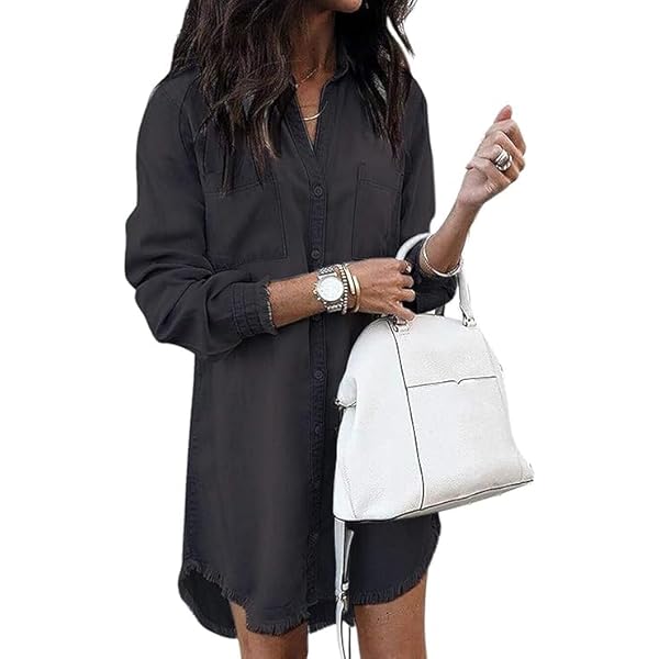 Zilcremo Women Denim Shirt Dresses Long Sleeve Distressed Jean